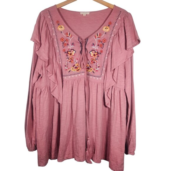 ODDY Mauve Woman’s Embroidered Peasant Ruffle Boho Top 3XL Cottagecore Statement - Picture 2 of 12